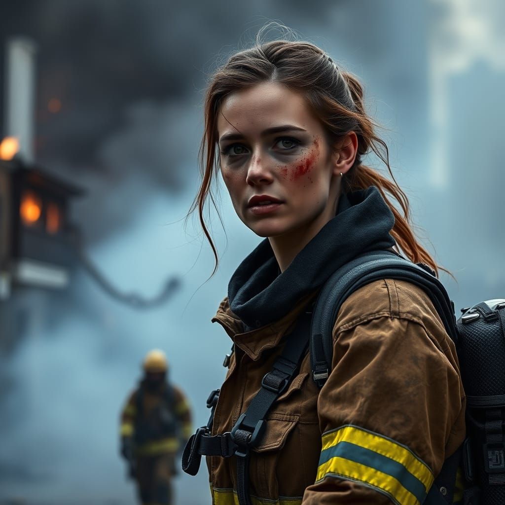 Resilient Firefighter Amidst Smoldering Building After Fire