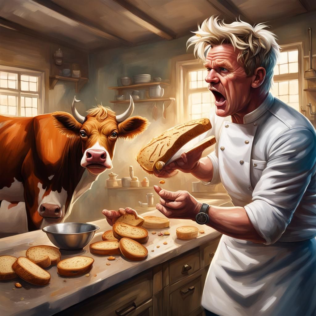 Gordon Ramsay Yelling at a Cow: Hyperrealistic Kitchen Scene