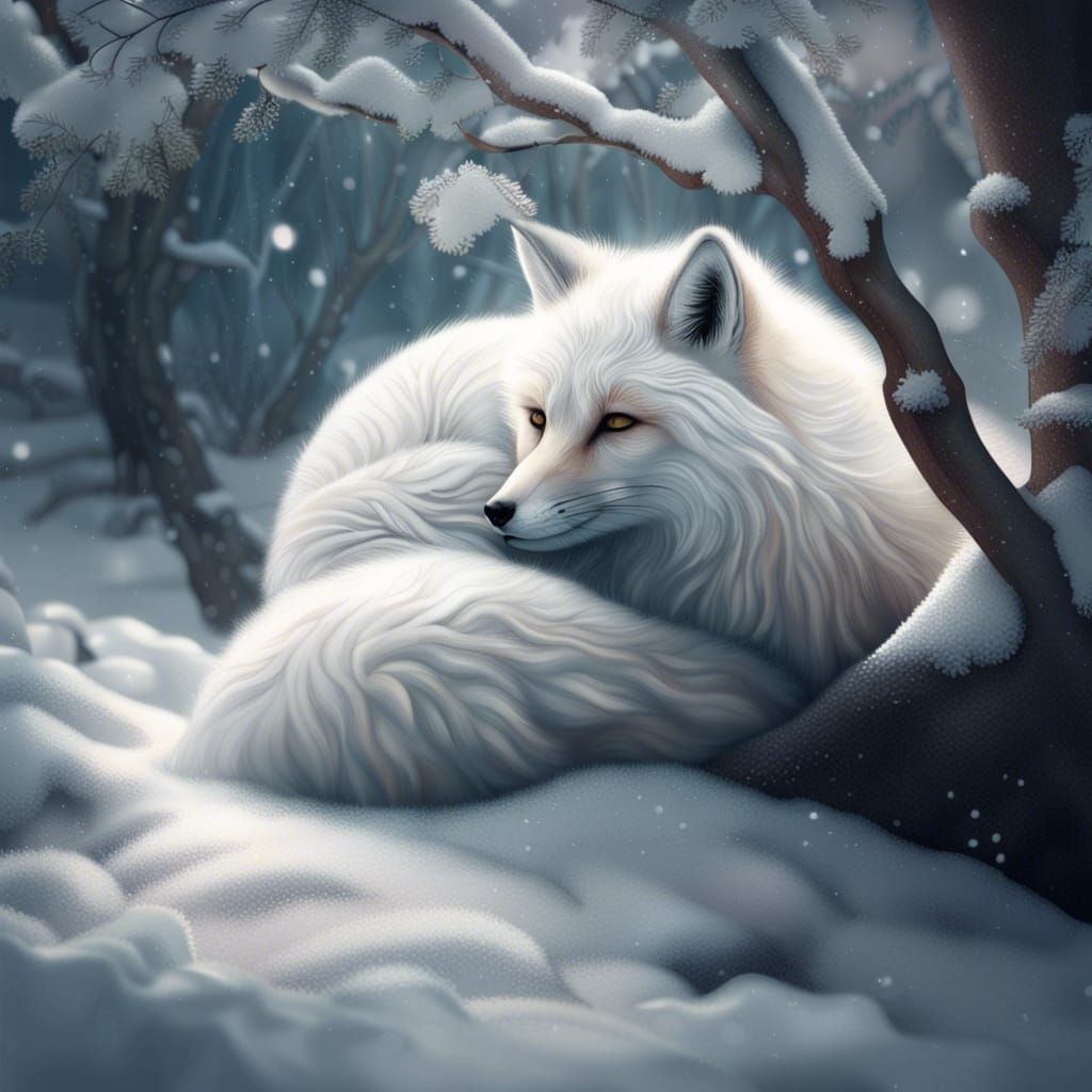 Snowy Fox Under Winter Tree