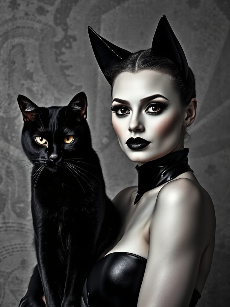 Elegant Woman in Black Cat Costume, Vintage Style