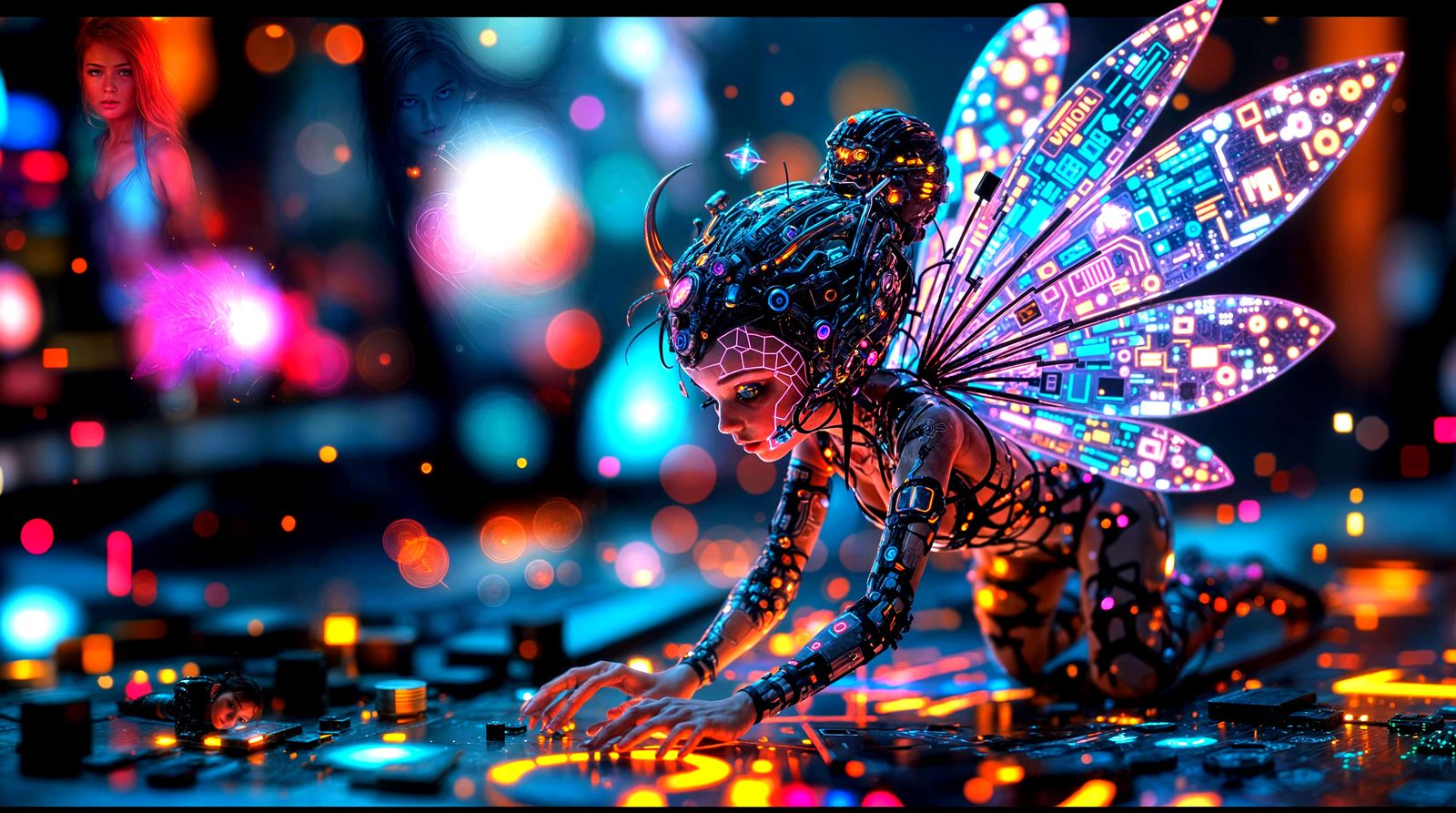 Cyberpunk Pixie Fairy Flits in a Computer