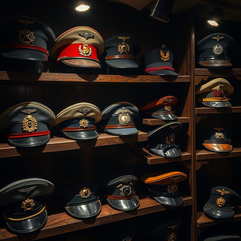 Historical Military Hat Collection Displayed Photorealistica...