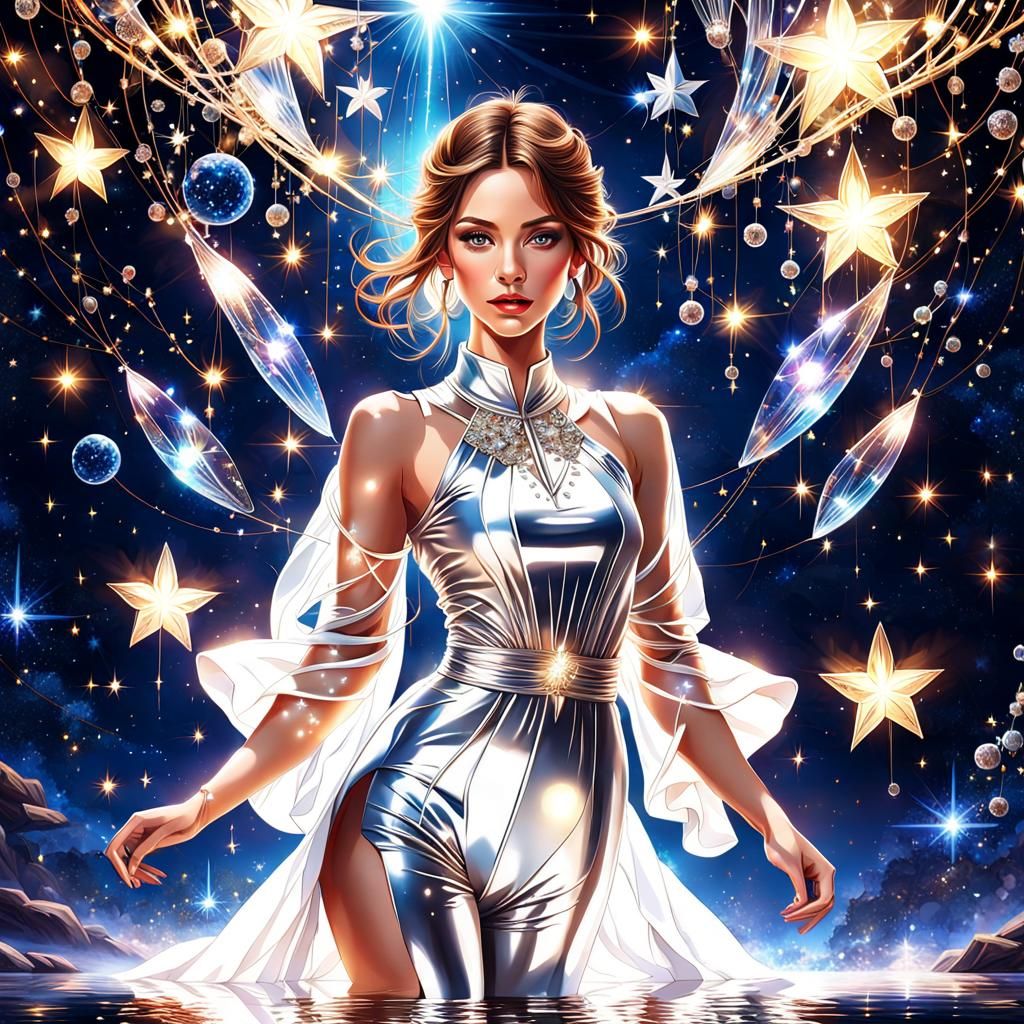 Fantasy Woman in White Jumpsuit with Glowing Hair