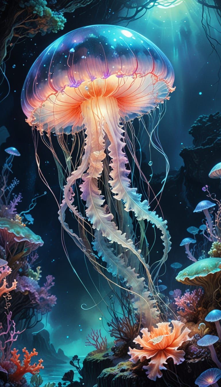 Dreamy Bioluminescent Jellyfish in Vibrant Neon-Lit Coral Re...