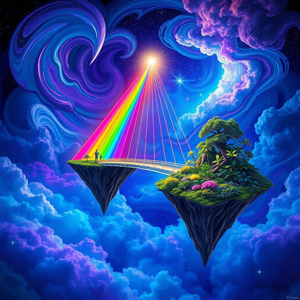 Surreal Rainbow Bridge Connects Two Celestial Islands in Vib...