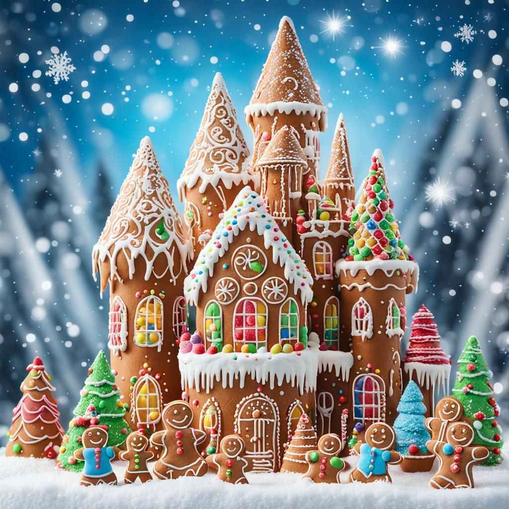 Colorful Gingerbread Castle in a Snowy World