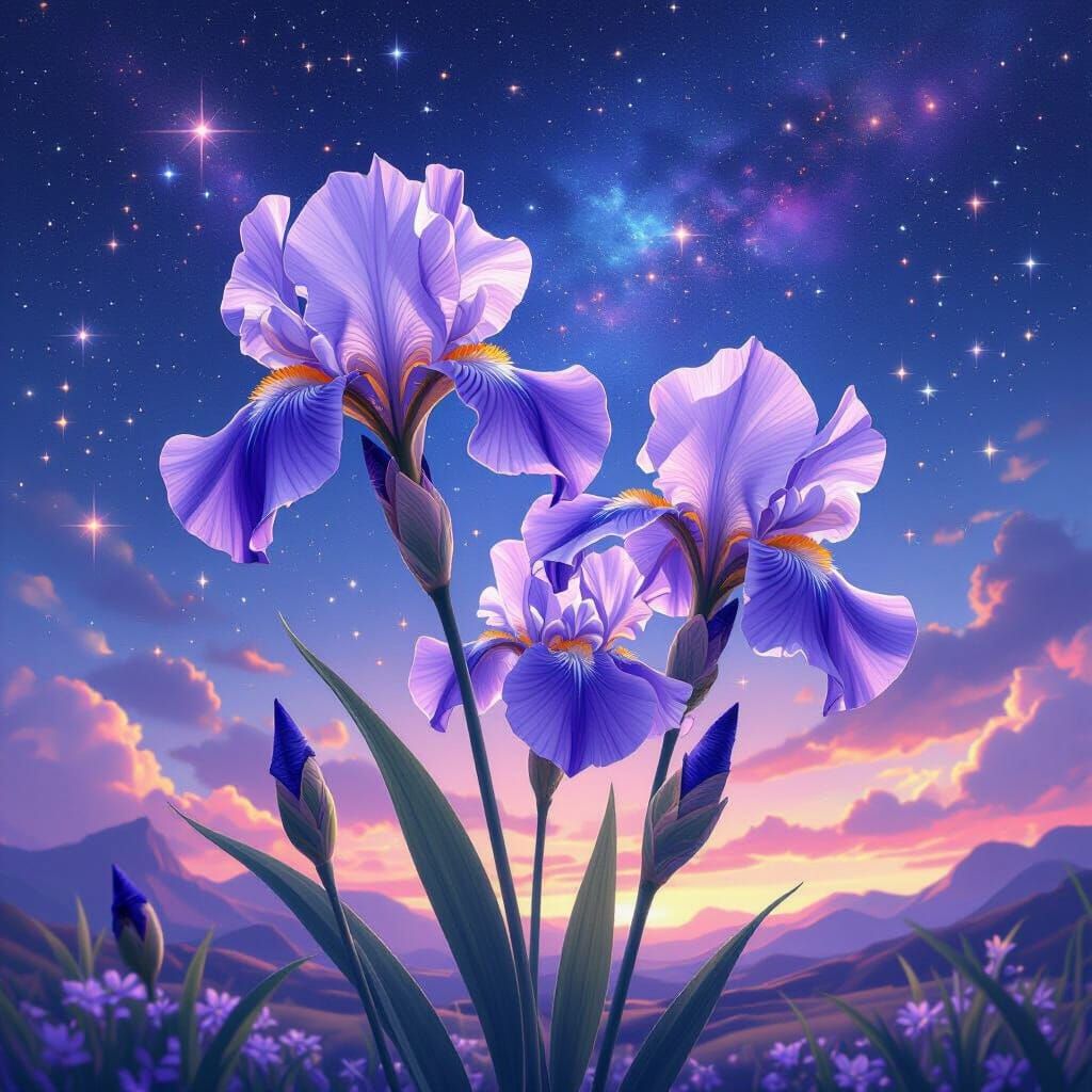 Crystal Purple Iris Under Starry Nebulae Sky