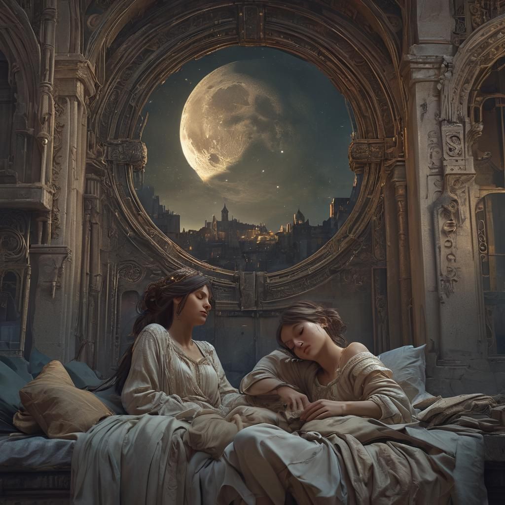 Moonlit Dreamers in Ancient City: Art Nouveau Concept