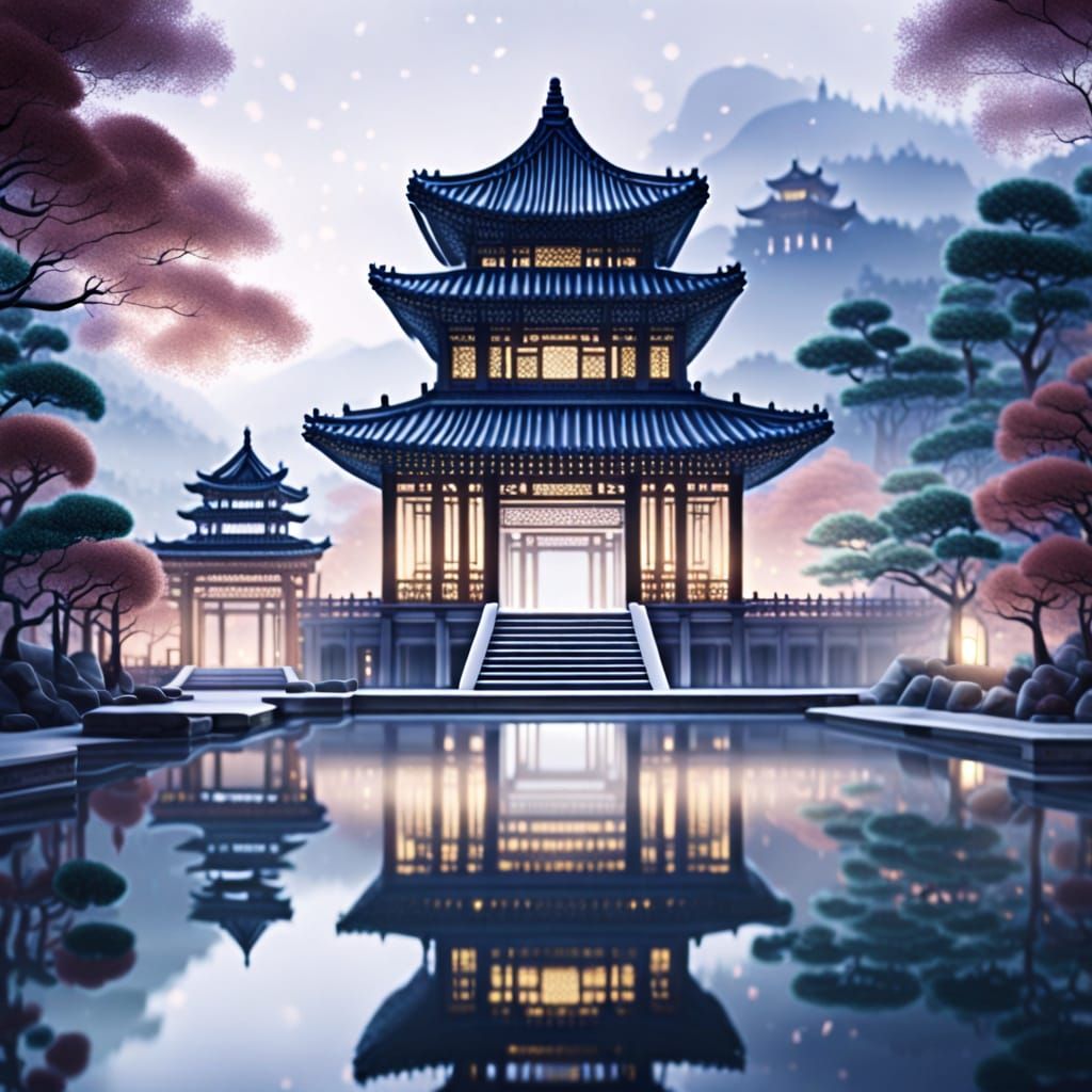 Majestic Palace in Mist-Shrouded Forest