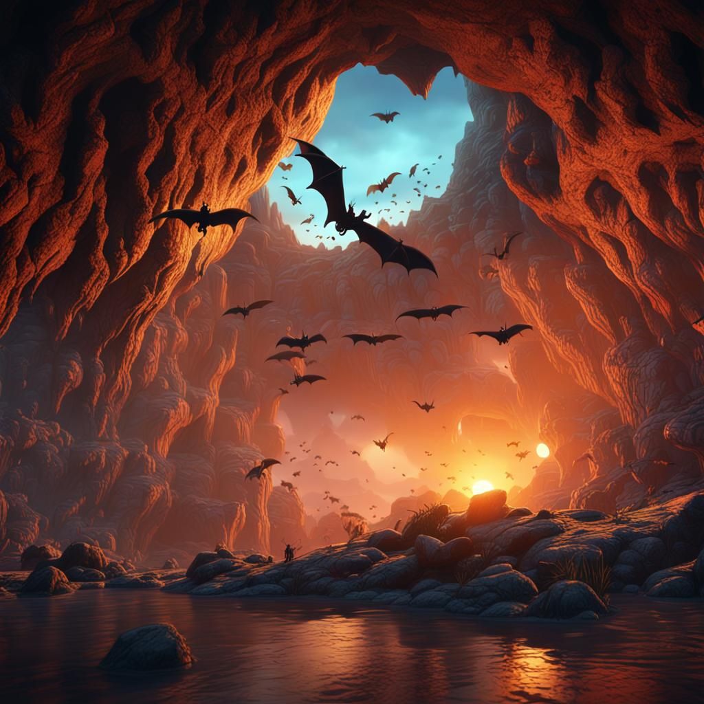 Bats Flying from Cave at Sunset: Fantasy Art