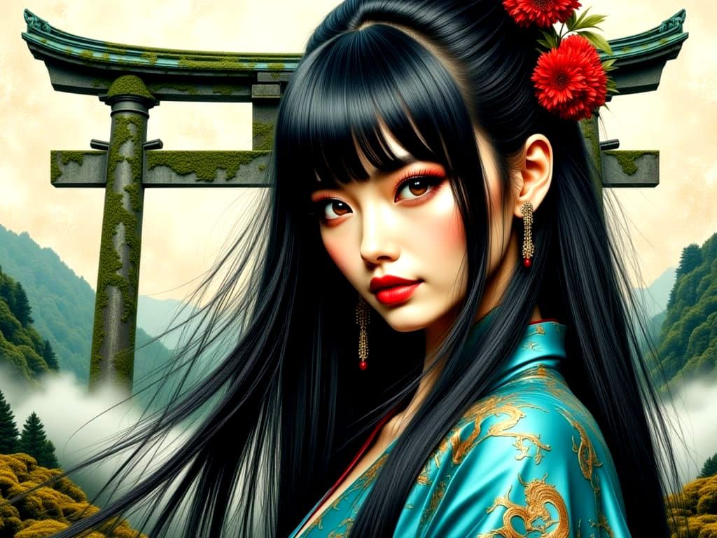 Japanese Girl in Turquoise Dragon Dress Amidst Temple Ruins