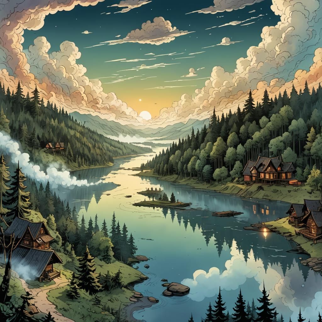 Forest Lake Village: Retro D&D Panoramic Illustration