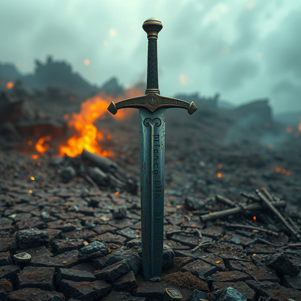 Mystical Battlefield: Weathered Sword in Matte Painting Styl...