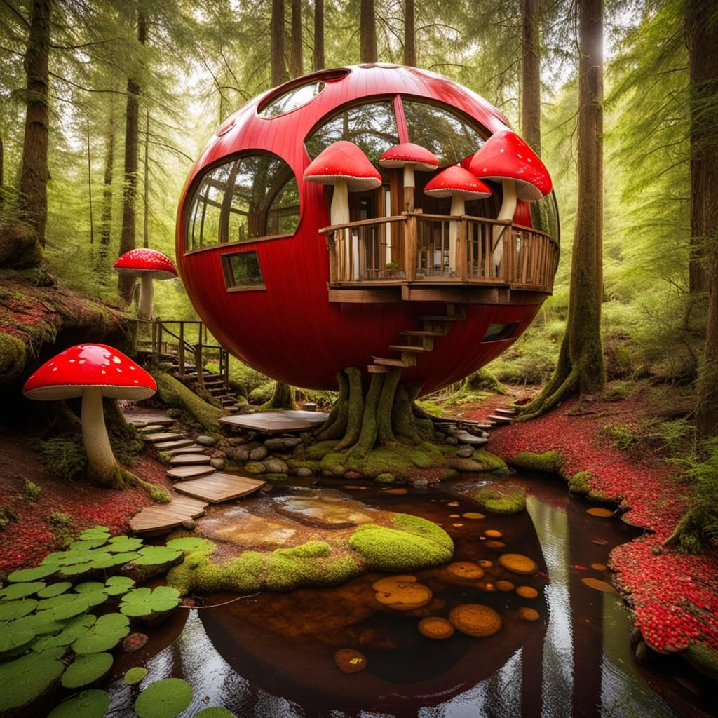 Mushroom Treehouse inside a sphere, sitting along a quiet stream with big red mushrooms all over the landscape.