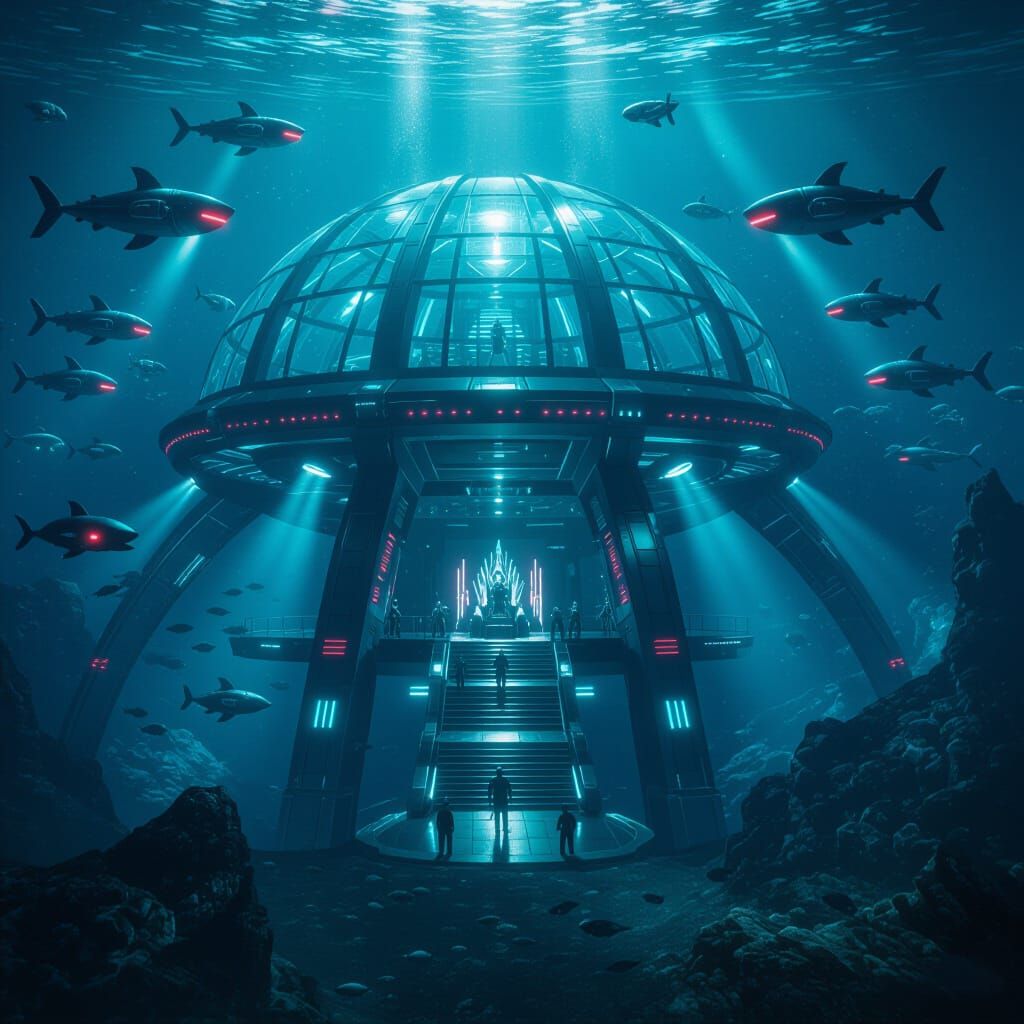 Underwater Villain Fortress: Glass Dome Lair on Ocean Floor