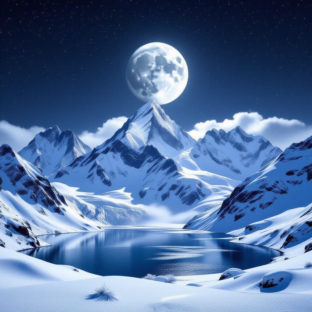 Monochrome Mountain Range Under Full Moon