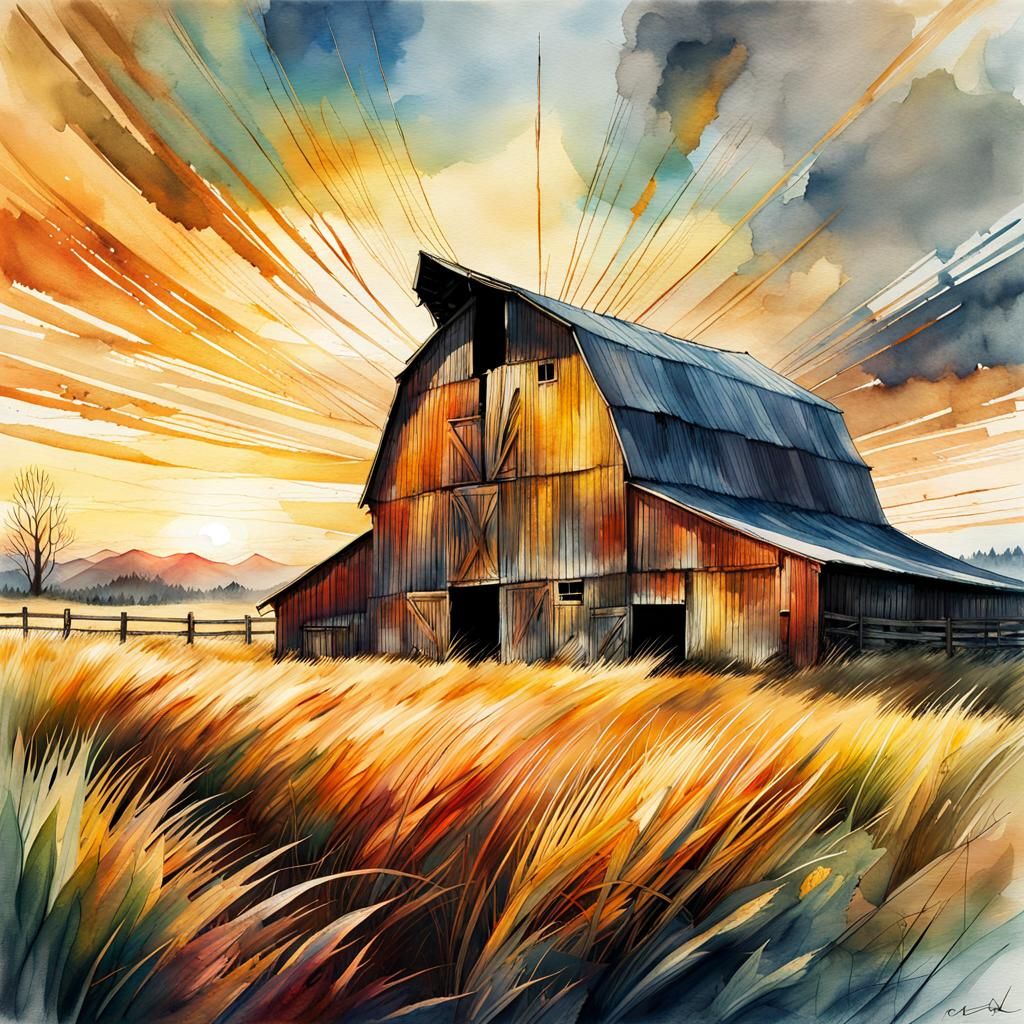 Golden Hour Barn in Digital Watercolor Illustration