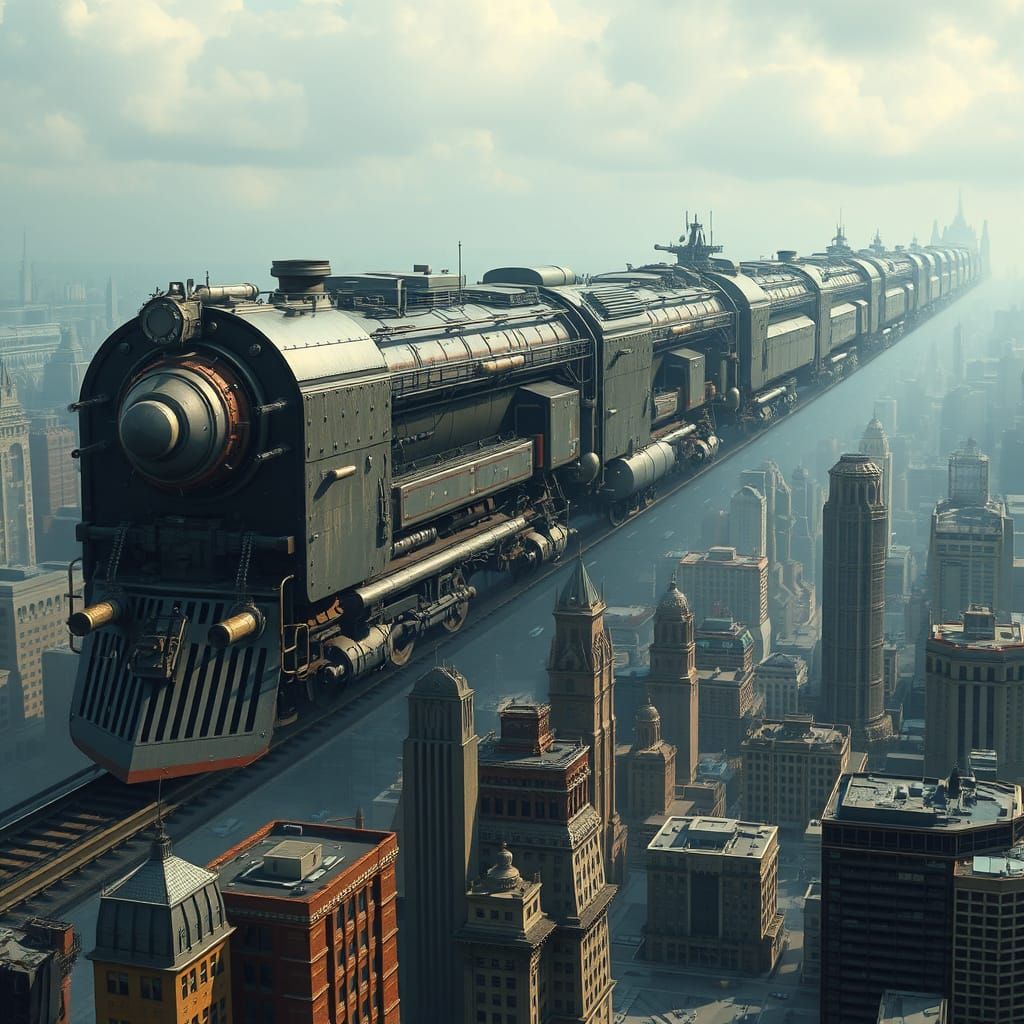 Futuristic Colossal Train Towers Over Dystopian City