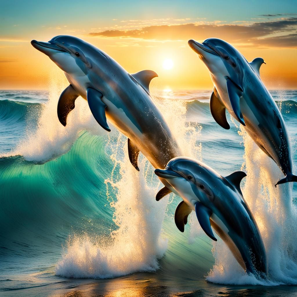 Dolphins Leaping at Sunrise: Hyperrealistic Ocean Scene