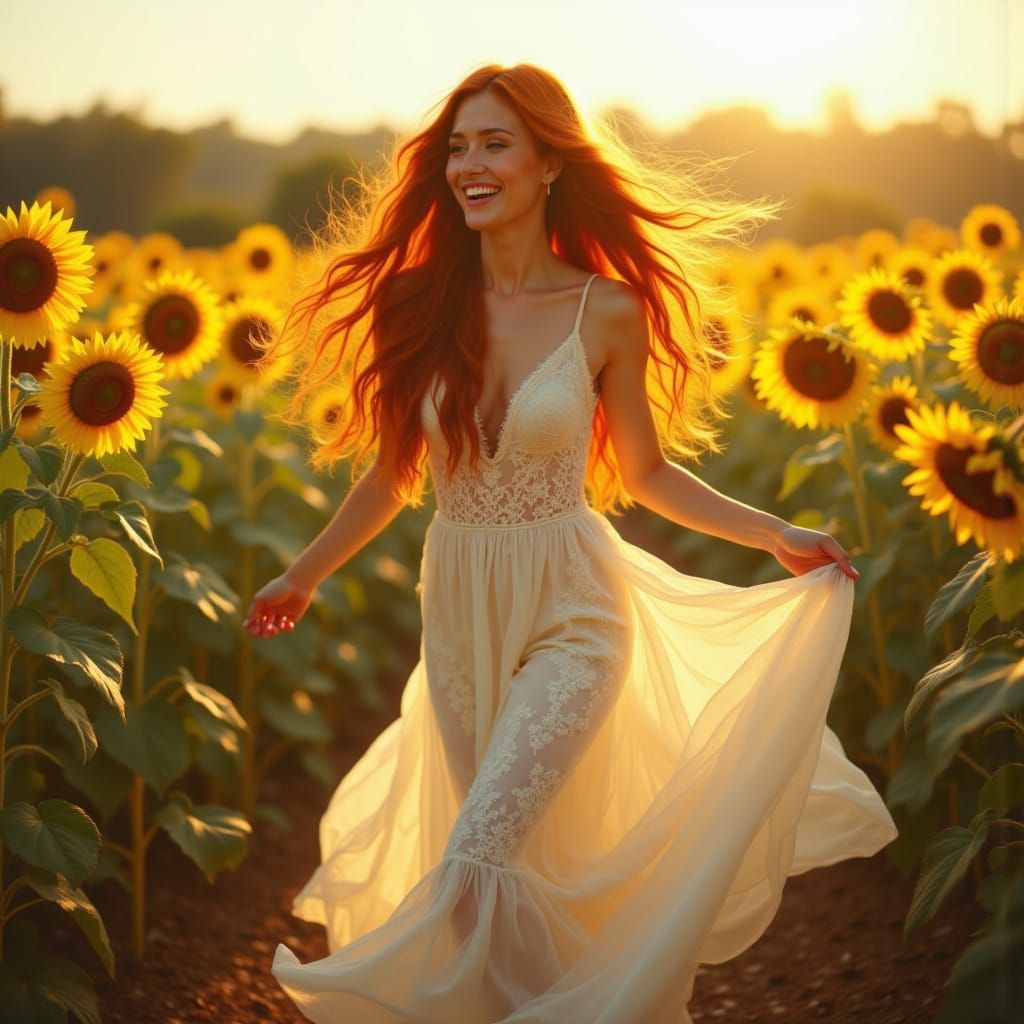 Woman Laughing in Sunflower Field at Golden Hour