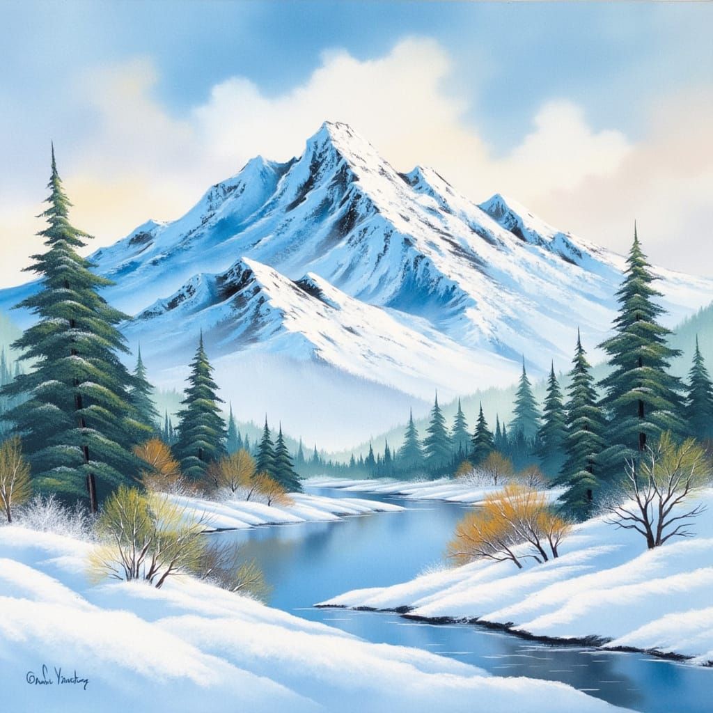Watercolor Snow Mountains in Cool Afternoon Light