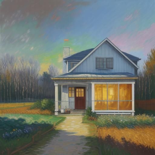 art image of a simple house in a country neo-impressionism e...