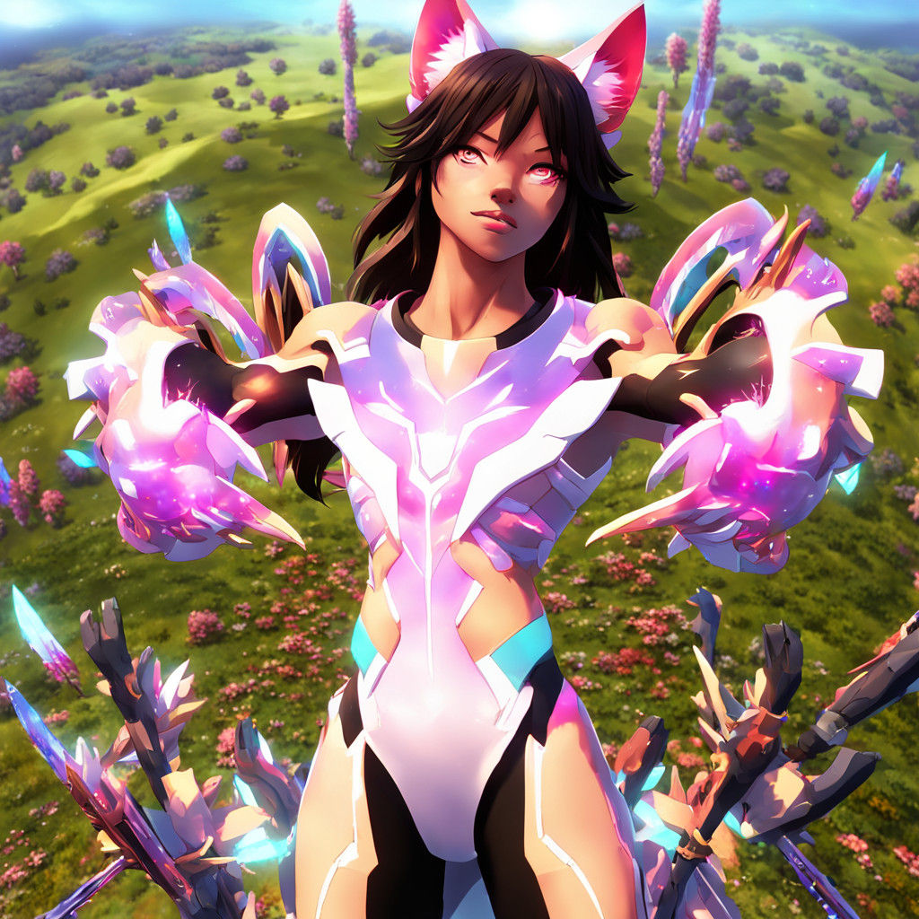 Serene Anime Female Wolf in Vibrant Pastel Landscape