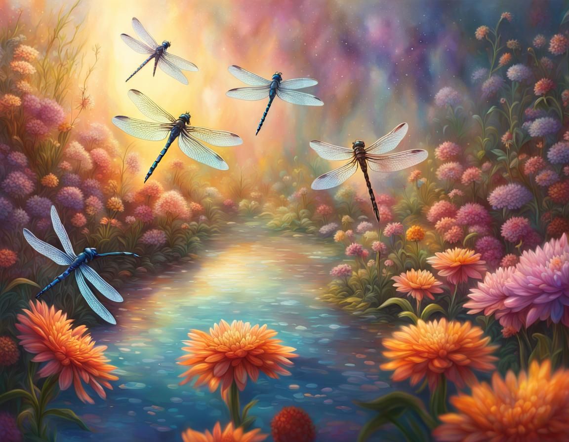 Dragonflies in a Glittering Flower Garden, Hyperrealistic
