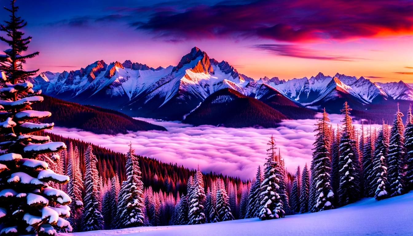 The pink glow of a winter sunset in the mountain.