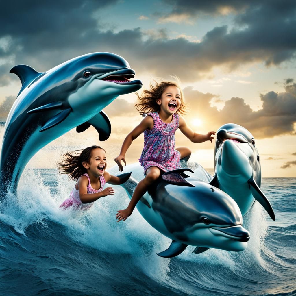 Girl Rides Dolphin Through Ocean Waves