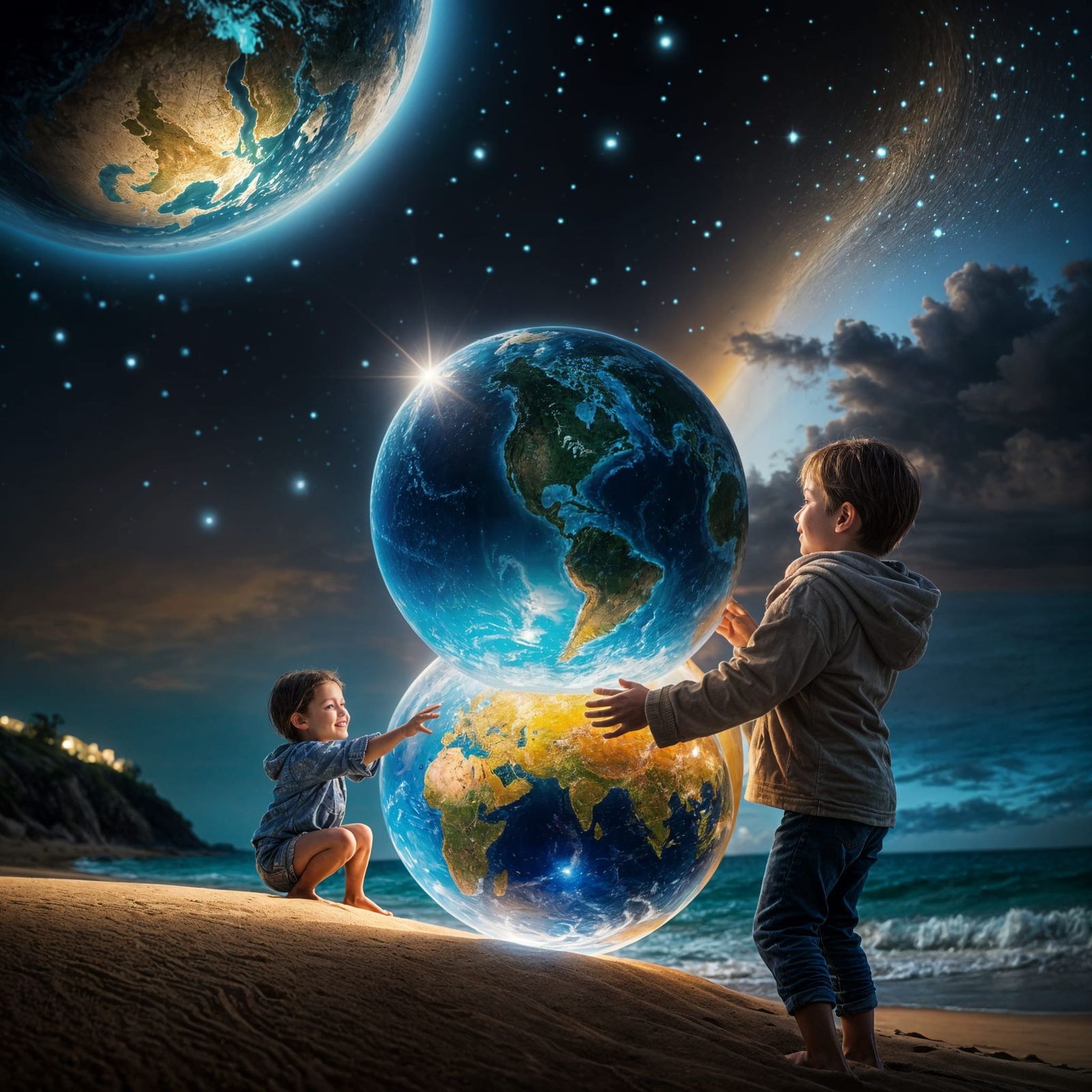 Child Holds Glowing Earth Globe on Beach