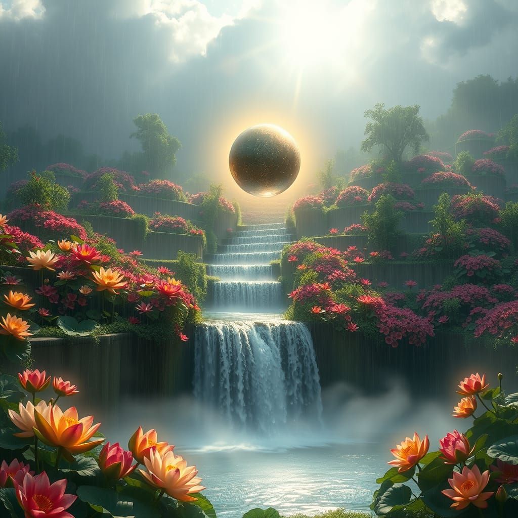 Enchanted Garden with Rainbow and Magical Flowers