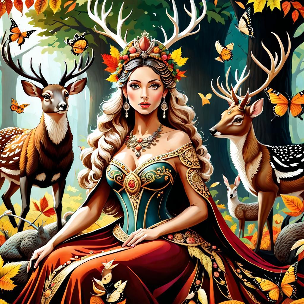 Animal Goddess with Autumnal Dress, Hyperdetailed Art