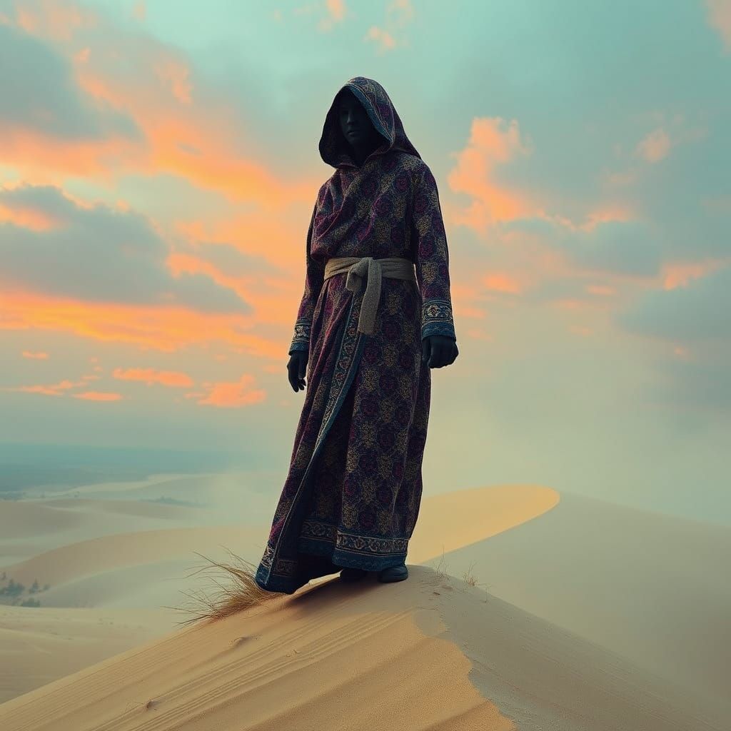 Mysterious Figure on Dune in Surreal Digital Art Style