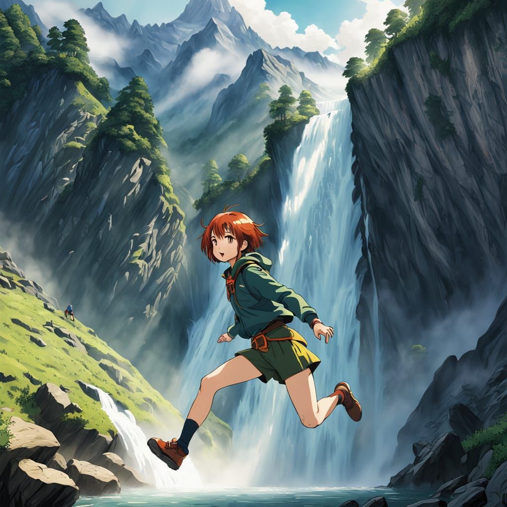 Anime Woman Dives From Waterfall in Swiss Alps