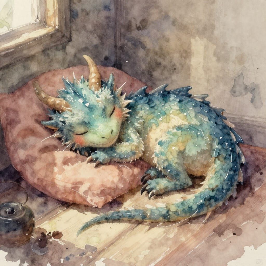 Furry Water Dragon Sleeping in Cosy Room Watercolor Style