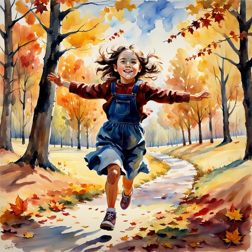 Whimsical Autumn Landscape with Running Girl, Oil Painting