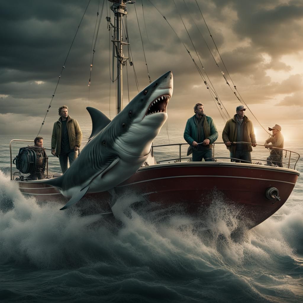 Men Catching Shark on Boat: Cinematic Digital Painting
