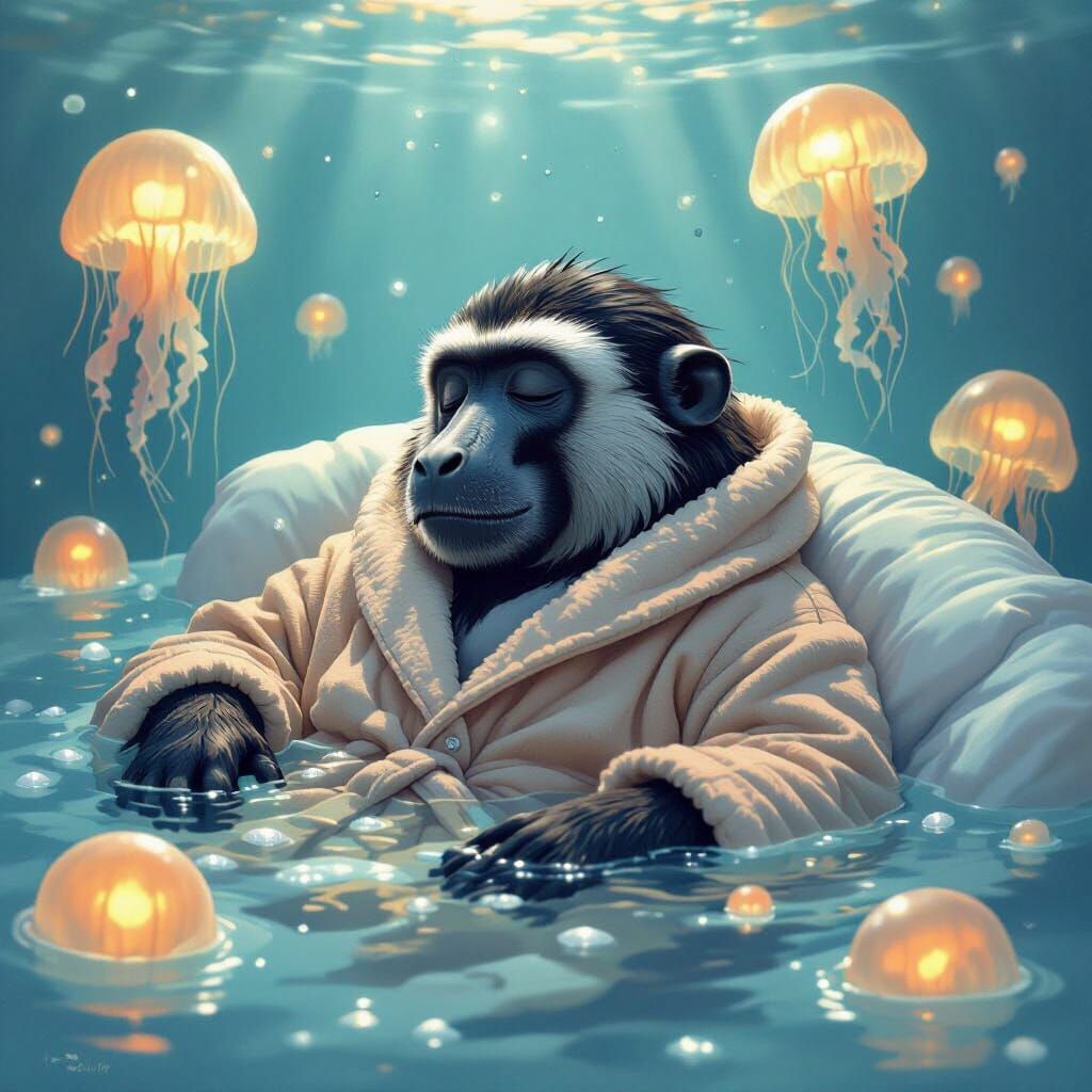 Baboon-Penguin Hybrid Asleep in Underwater Bath