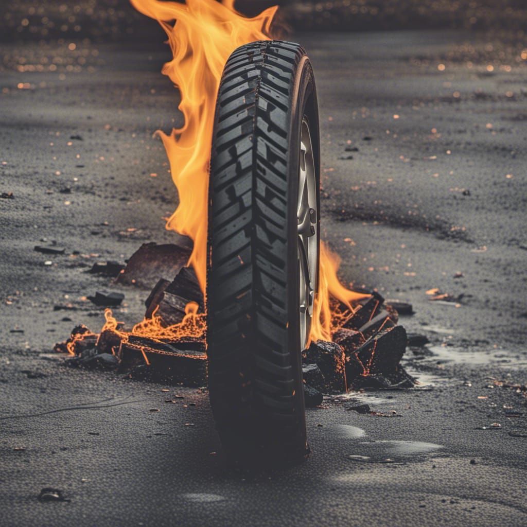 Intense Tire Fire at Night with Sparks