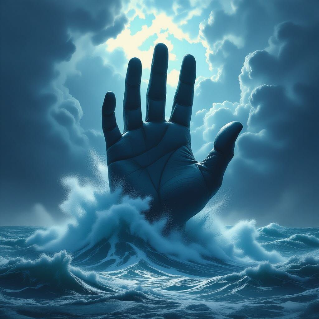 Colossal Hand Wave Rises From Sea In Epic Fantasy Style