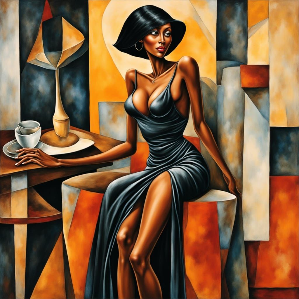 Elegant Woman in Futuristic Evening Gown, Set Against Geomet...