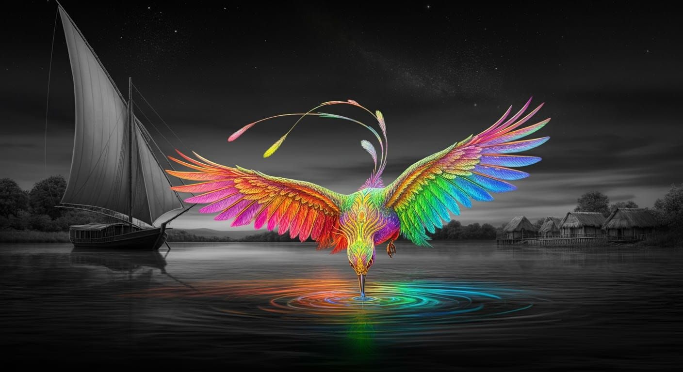 Rainbow Bird Drinks from River in Black and White