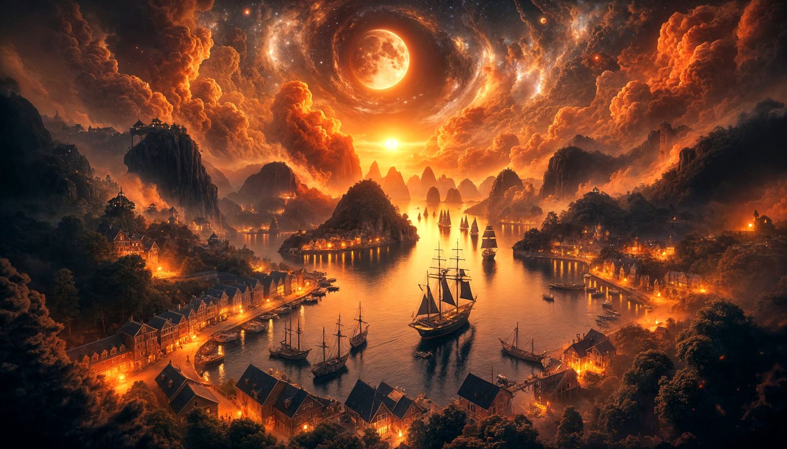 Ethereal 18th-Century Harbor Scene at Twilight