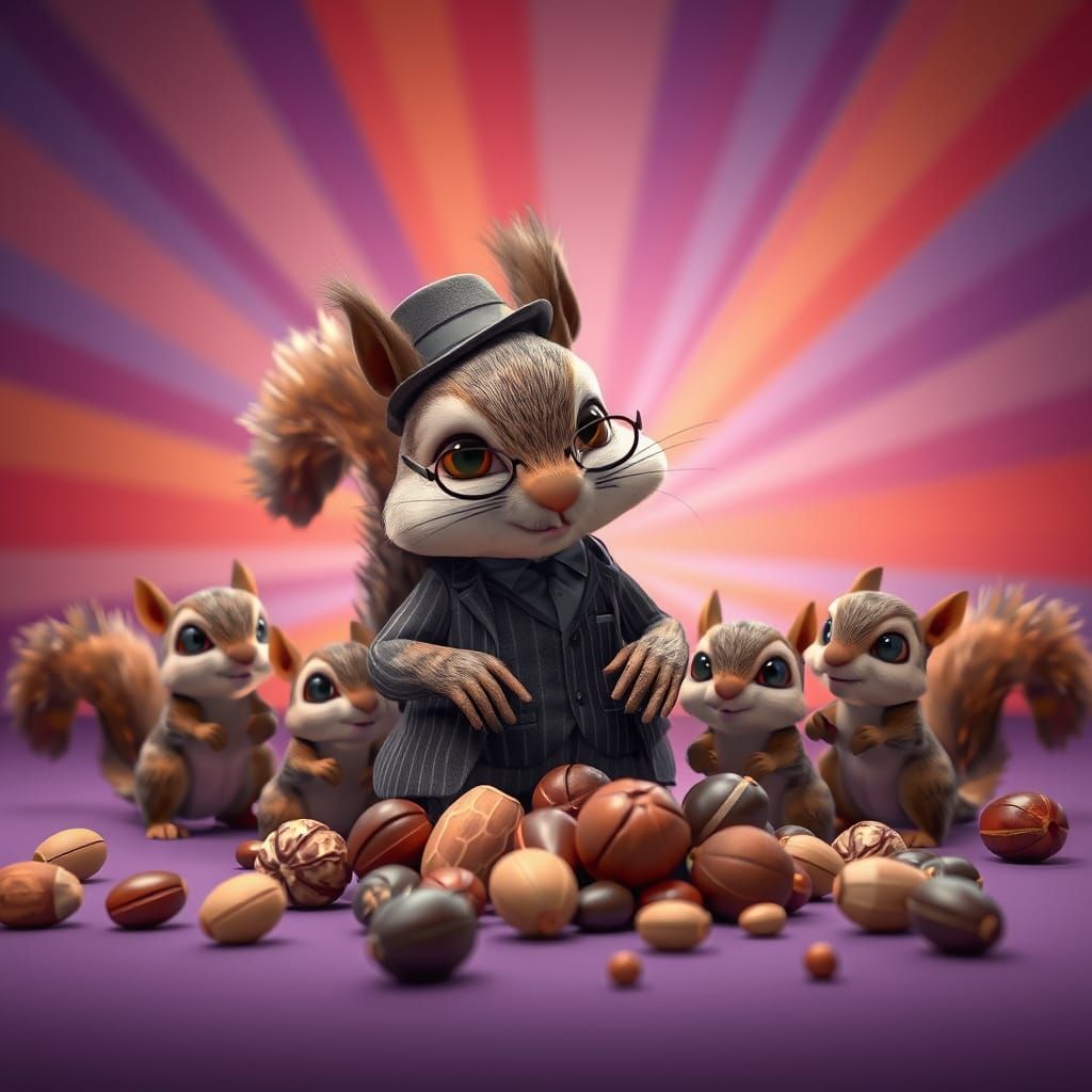 Squirrel Mob Boss Overseeing Nut Heist: 3D Render