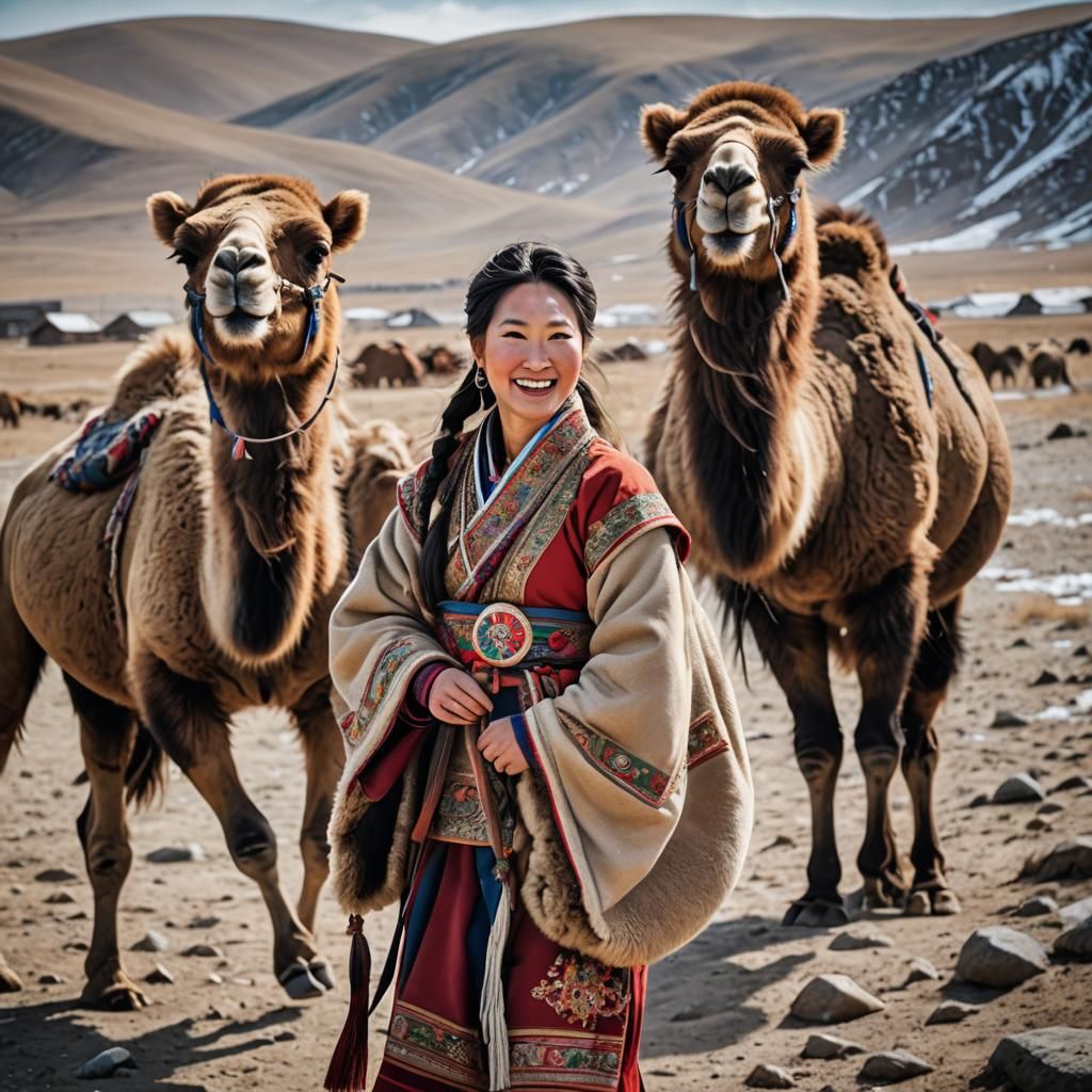 Happy Mongolian Woman with Camel in Snowy Desert