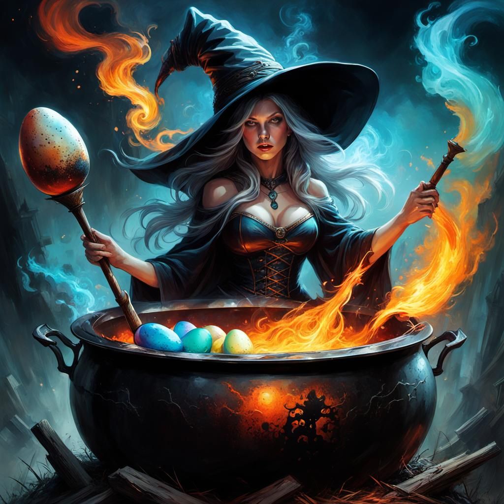 The easter witch is cooking something in her cauldron