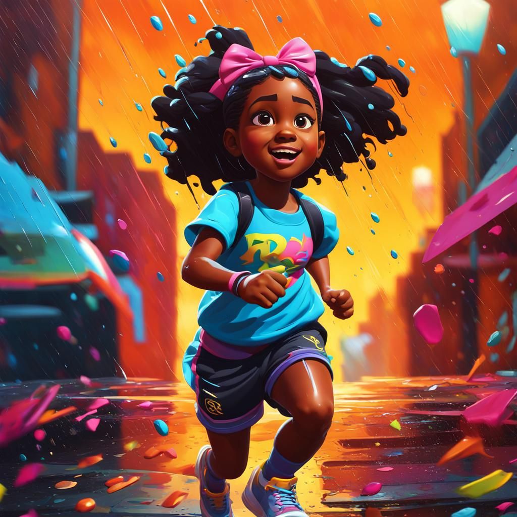 Girl Running in Rain: Graffiti Art Style