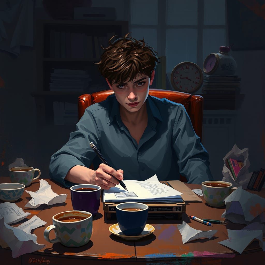 Person at Desk in Ash Thorp and Loish Style