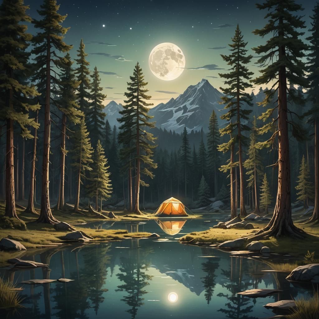 Serene Pond Reflects Moonlit Rocky Mountains